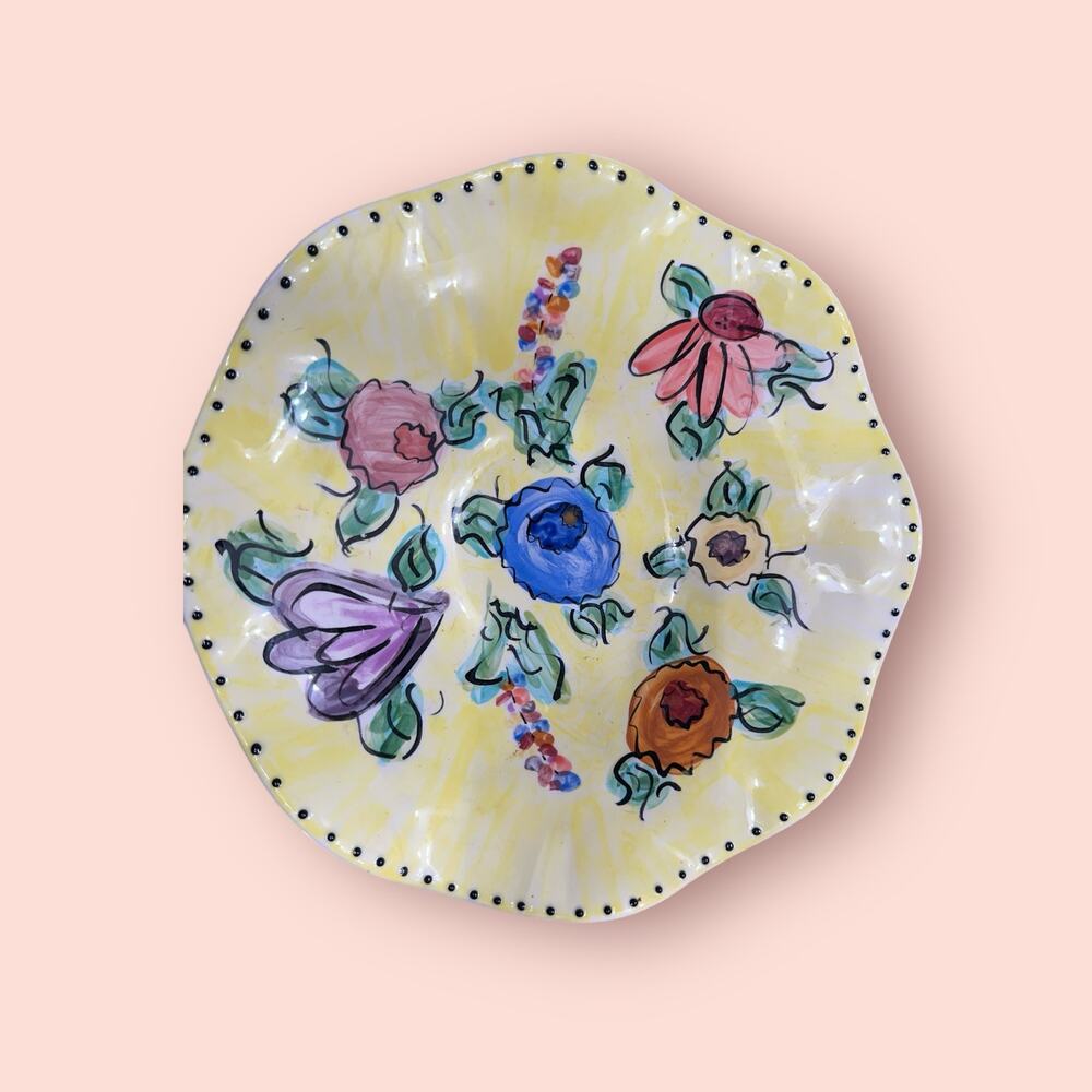 Hand-Painted Floral Ceramic Bowl – 12" Vintage Art Pottery